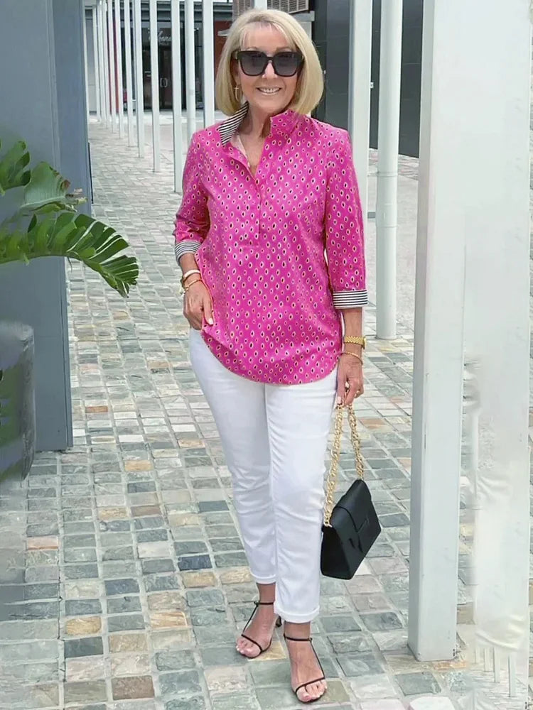 🌈【🔥Bestseller】 3/4-Arm-Shirt mit bedrucktem Stehkragen