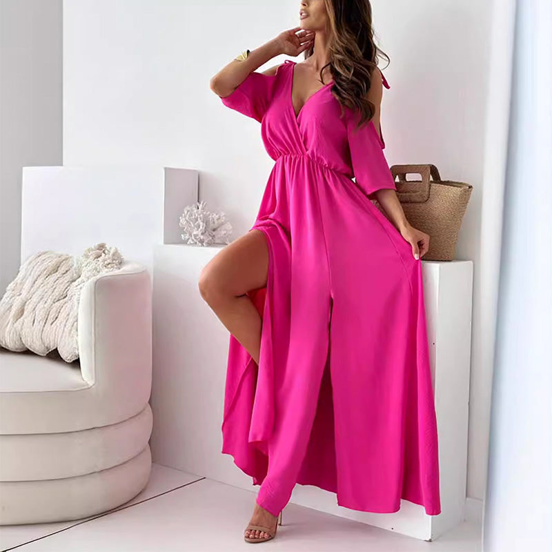 💯Elegantes, sexy Kleid mit V-Ausschnitt und Seitenschlitz für Damen
