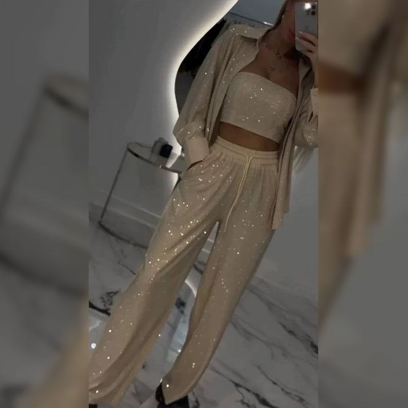 💕Paillettenblazer und weite Hose für Damen (3-teiliges Set)