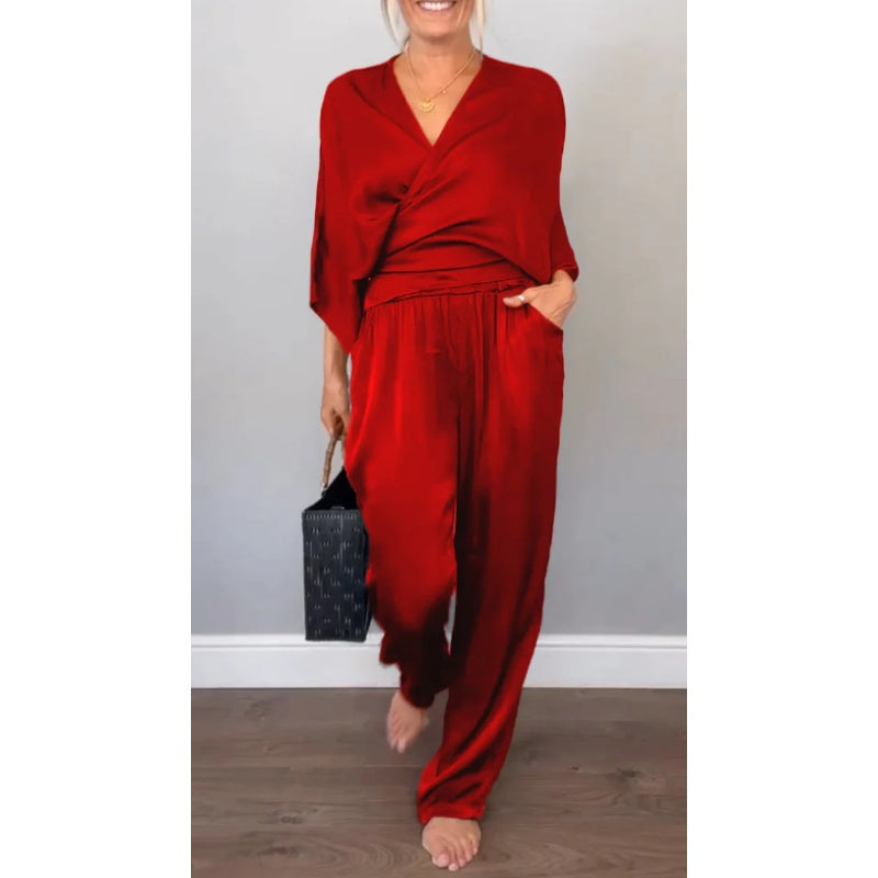 💃2-teiliges Damen-Set aus Oberteil und Hose mit V-Ausschnitt und merzerisierter Baumwolle