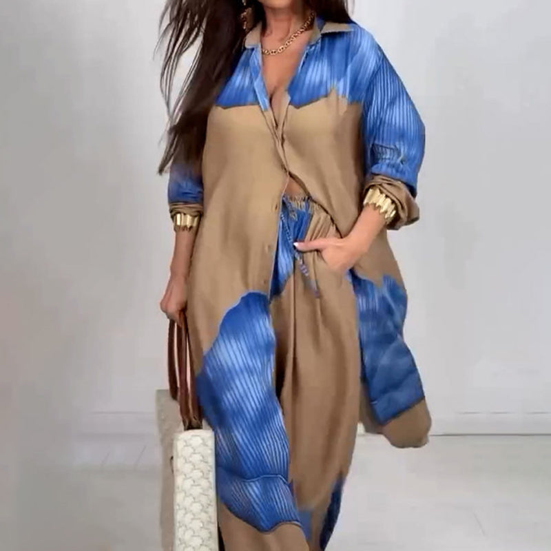 Set aus langem Hemd mit durchgehender Knopfleiste und Hose mit Kordelzug