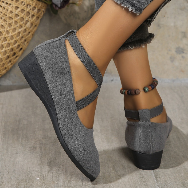 Elegante feste Farbe elastische Riemen niedrige Keilschuhe