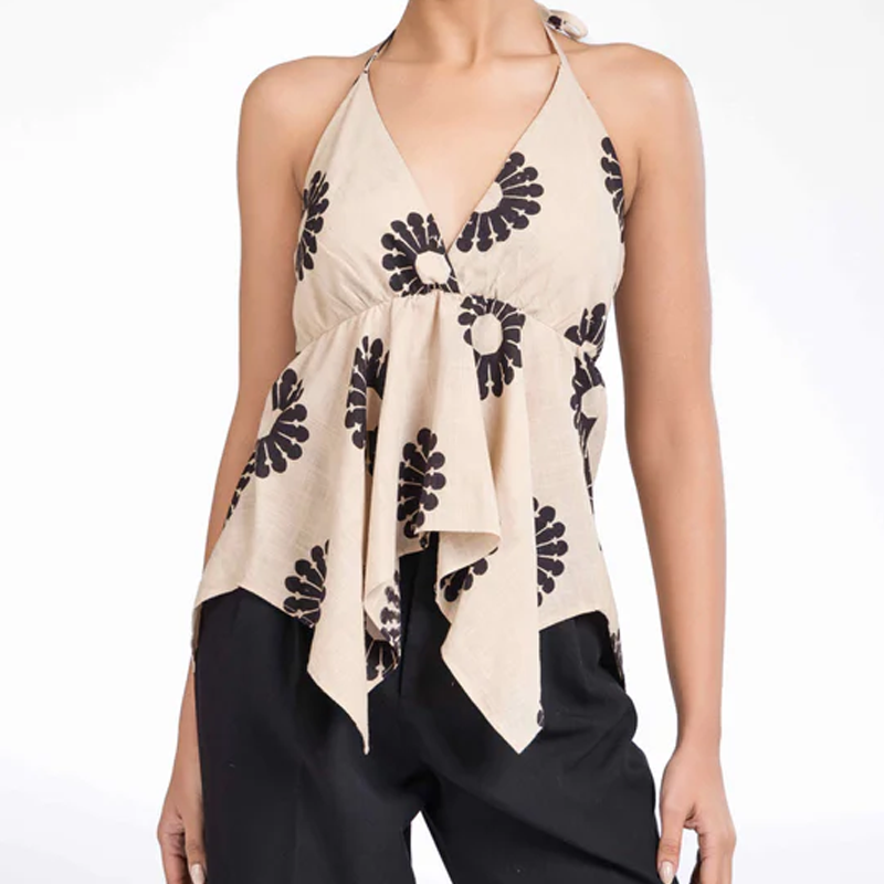 💥Halter V-Neck Floral Irregular Hem Top（Je mehr Sie kaufen, desto höher der Rabatt）