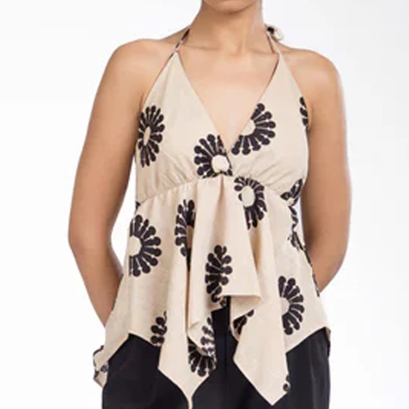 💥Halter V-Neck Floral Irregular Hem Top（Je mehr Sie kaufen, desto höher der Rabatt）