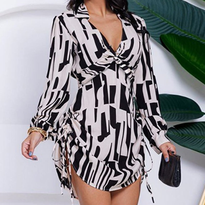 Print Waist-Cinching Shirt Dress with Side Drawstring