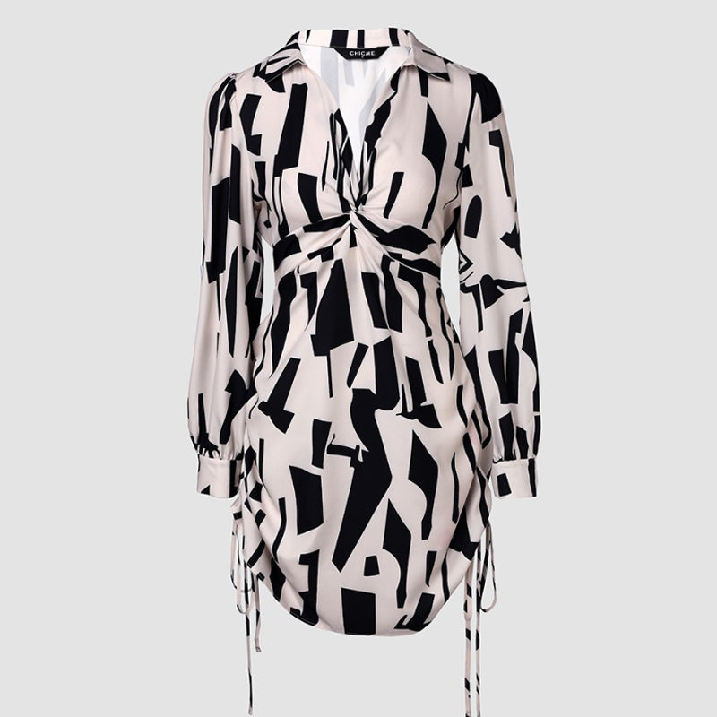 Print Waist-Cinching Shirt Dress with Side Drawstring