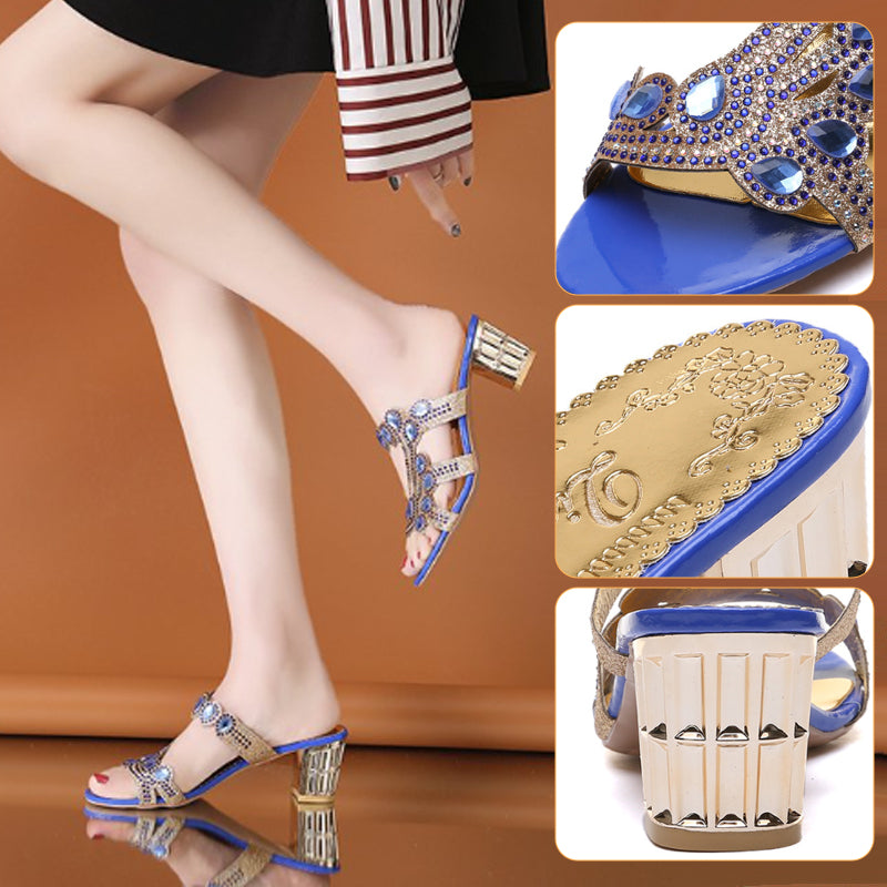 Leichte Damen-Sandaletten mit Strass, Einriemer-Design und Blockabsatz