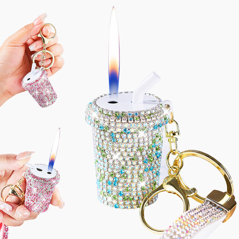 Funkelnder Strass-Milchtee-Feuerzeug-Schlüsselanhänger