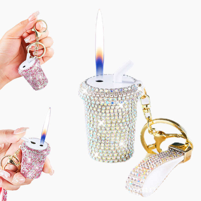 Funkelnder Strass-Milchtee-Feuerzeug-Schlüsselanhänger